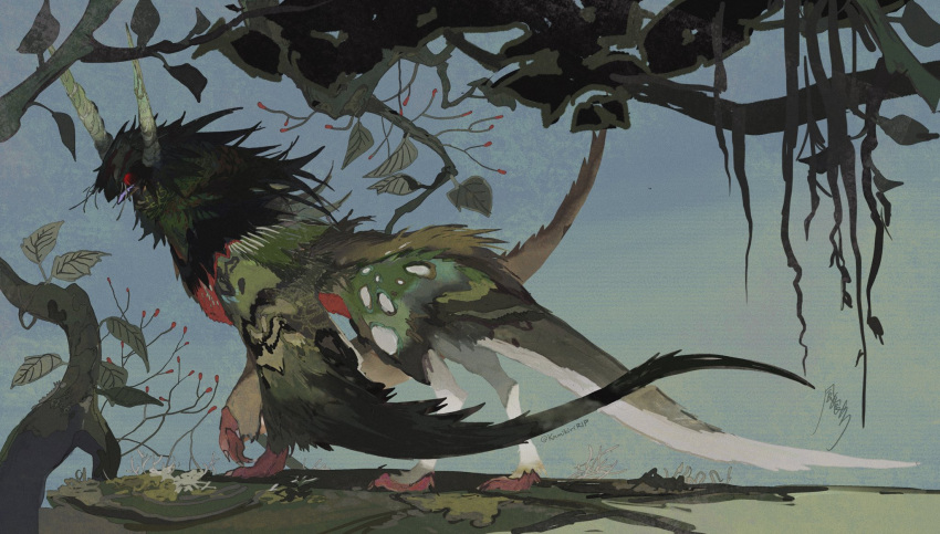 animal_feet animal_focus feathers green_feathers green_fur green_horns green_tail green_wings highres horns kamikiririp leaf monster no_humans open_mouth original red_eyes solo standing white_tail wings