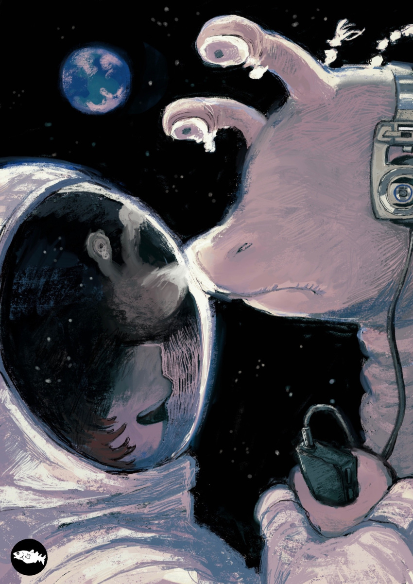 alien astronaut colored_skin earth_(planet) headphones helmet highres holding looking_at_another mettaflix pink_skin planet reflection space space_helmet star_(sky) tears