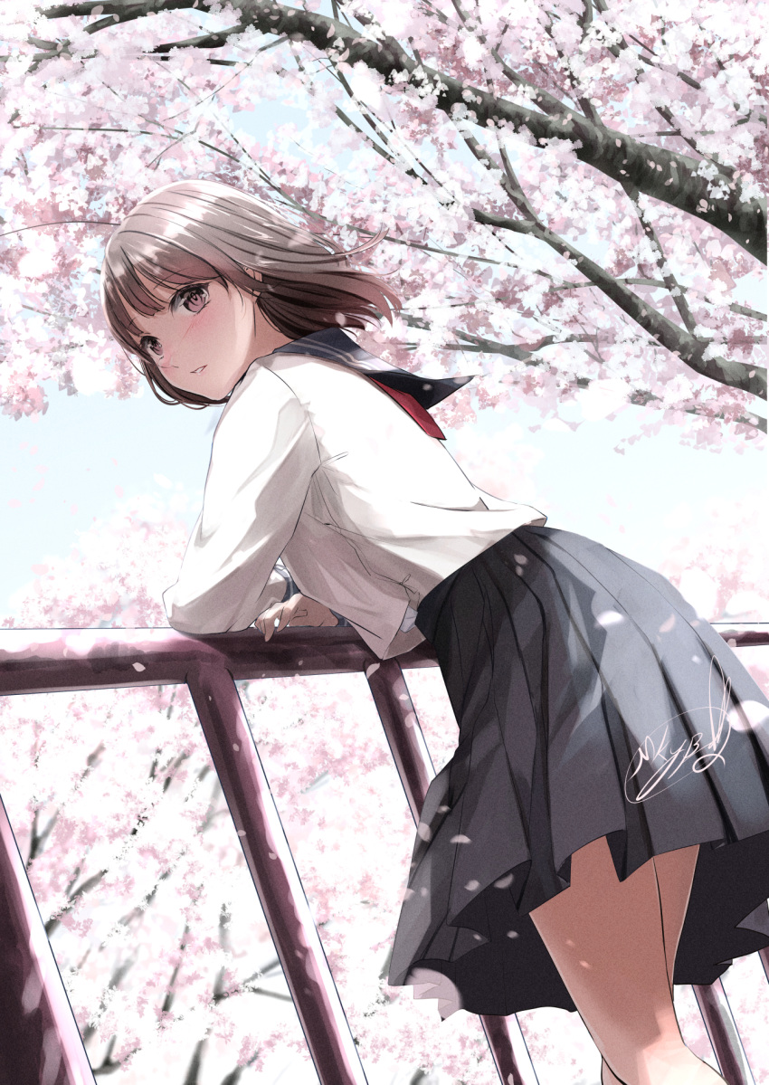 1girl against_railing arm_rest black_skirt blush branch brown_eyes brown_hair cherry_blossoms commentary_request feet_out_of_frame highres looking_at_viewer looking_to_the_side neckerchief original outdoors parted_lips pleated_skirt railing red_neckerchief sailor_collar sailor_shirt school_uniform serafuku shirt short_hair signature skirt solo soragane_(banisinngurei) white_shirt