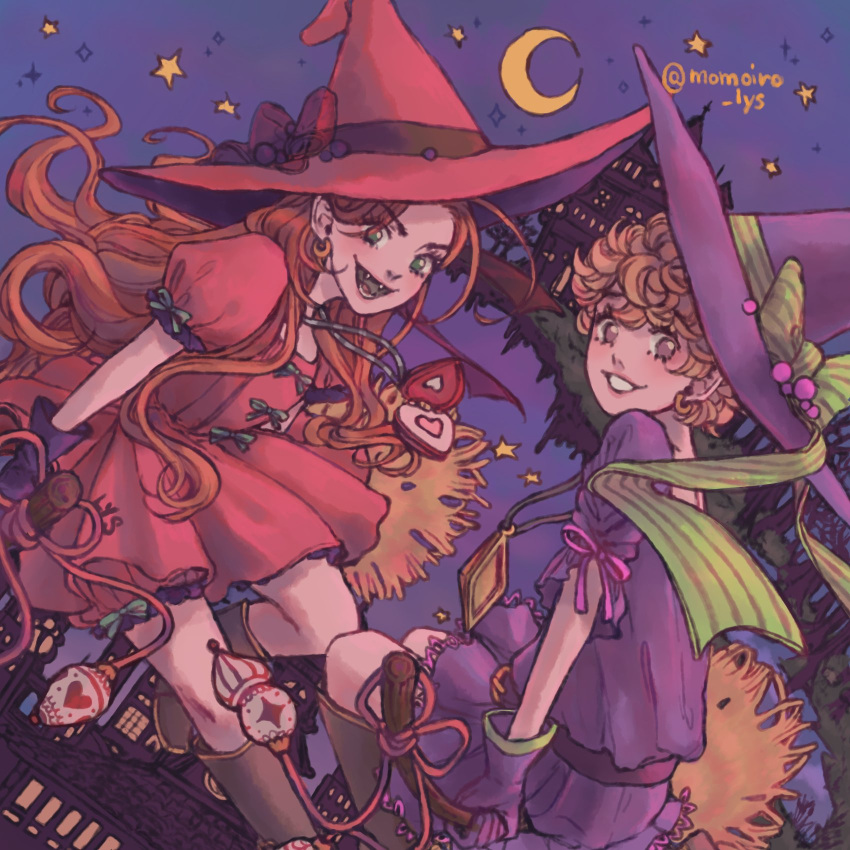 2girls belt blonde_hair bow broom broom_riding chocolat_meilleure diamond_(shape) dress earrings english_commentary fangs floating_hair forest gloves green_bow green_eyes hair_behind_ear hat hat_bow heart_pendant highres jewelry long_hair momoiro_lys moon multiple_girls nature night night_sky orange_hair pink_dress pink_hat pointy_ears puffy_short_sleeves puffy_sleeves purple_dress purple_gloves purple_hat purple_sky short_hair short_sleeves sky smile sugar_sugar_rune twitter_username vanilla_mieux violet_eyes witch witch_hat