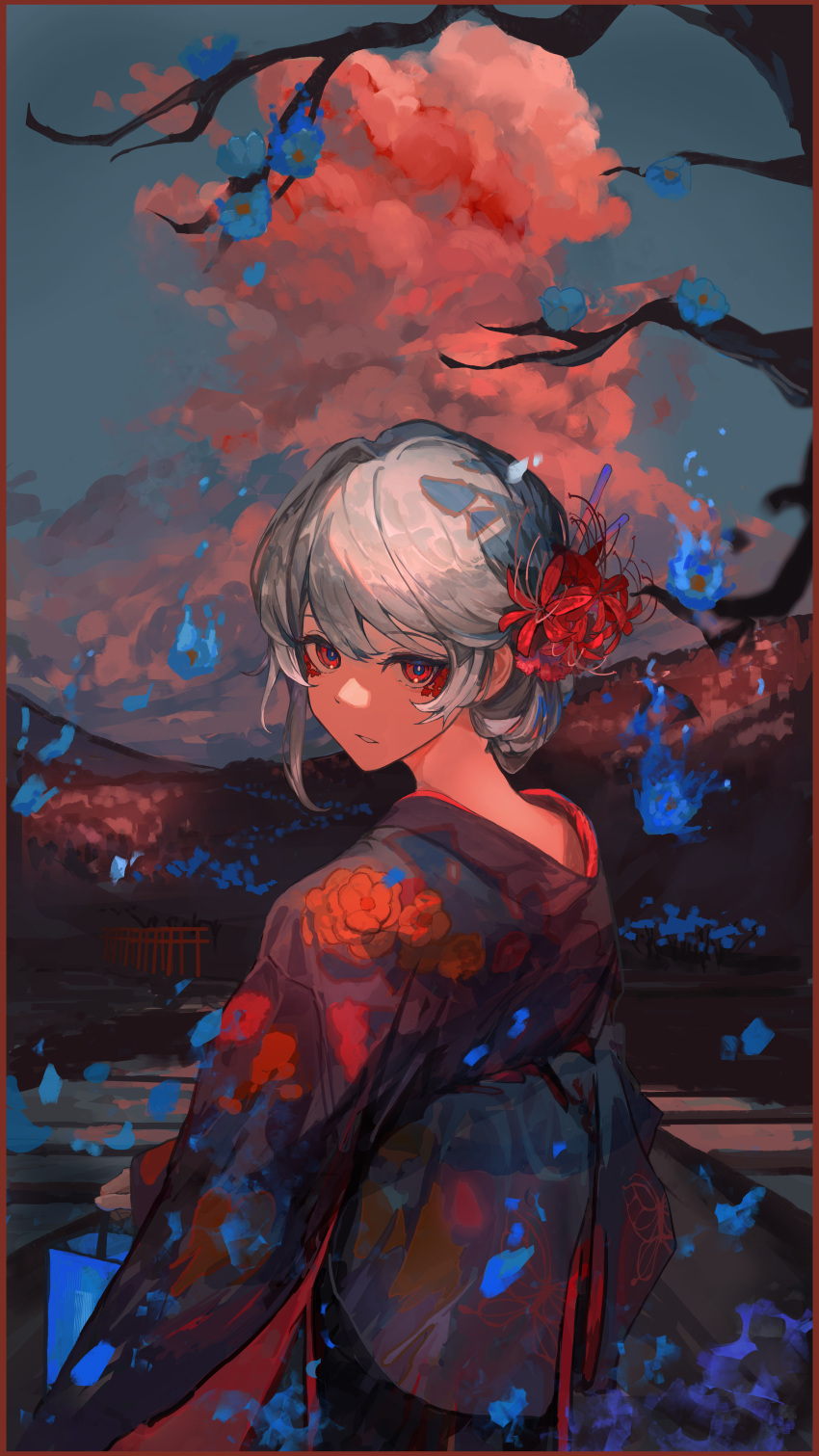 1girl absurdres bag blue_sky bug butterfly clouds facial_mark floral_print floral_print_kimono flower from_behind grey_hair hair_flower hair_ornament highres holding holding_bag japanese_clothes kasumi_yuzuha kimono looking_at_viewer looking_back multiple_torii obi original outdoors parted_lips red_eyes sash sky solo torii