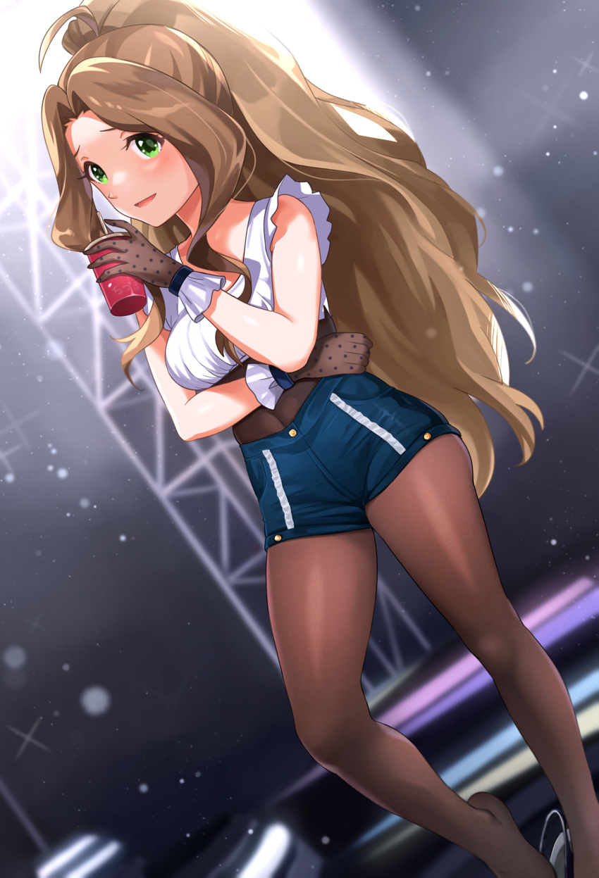 1girl absurdres ahoge arm_under_breasts bare_shoulders blue_shorts blush breasts brown_corset brown_gloves brown_hair brown_pantyhose corset cup disposable_cup drinking_straw dutch_angle gloves green_eyes hanamasa_ono hand_up highres holding holding_cup idolmaster idolmaster_million_live! idolmaster_million_live!_theater_days light_particles long_hair looking_at_viewer medium_breasts nikaidou_chizuru open_mouth pantyhose polka_dot_gloves ponytail shirt shorts sleeveless sleeveless_shirt smile solo stage standing very_long_hair white_shirt