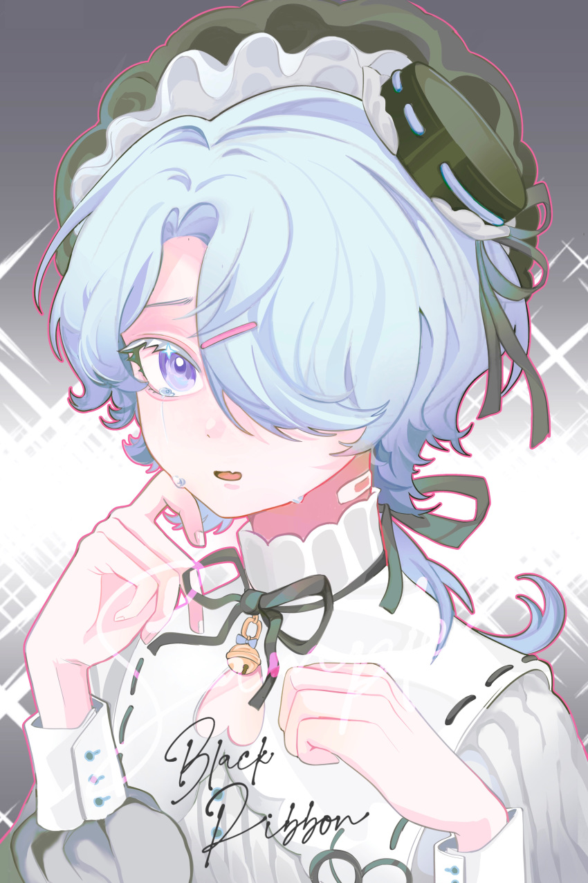 1boy absurdres bandaid bandaid_on_neck bell black_bow blue_hair bow cleavage_cutout clothing_cutout colored_eyelashes crying grey_background hair_ornament hairclip hat highres honkai:_star_rail honkai_(series) light_blue_hair misha_(honkai:_star_rail) nervous open_mouth ponytail teardrop thaotrangzera violet_eyes