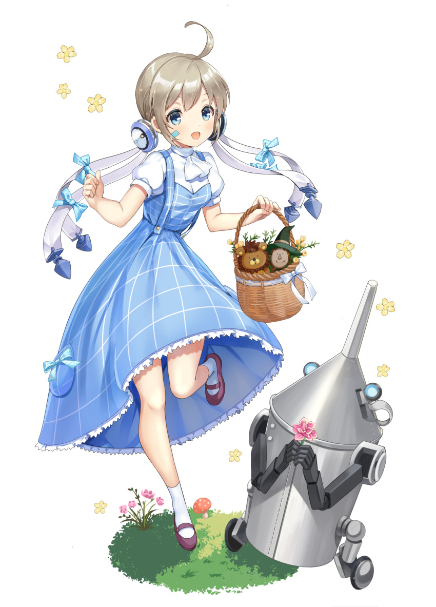1girl 1other ahoge alternate_costume ankle_socks aqua_bow aqua_eyes aqua_skirt artist_request ascot bandage_on_face bandages basket bow brown_footwear bun_cover buttons character_ornament cosplay cowardly_lion dorothy_gale dorothy_gale_(cosplay) final_gear flower full_body grass grid_print highres holding holding_basket holding_flower leg_up light_brown_hair looking_at_viewer mary_janes mechanical_arms mushroom official_art open_mouth pink_flower pocket_bow puffy_sleeves scarecrow_(twooz) shoes short_sleeves sidelocks simple_background skirt snowy_(final_gear) socks solo suspender_skirt suspenders tachi-e the_wizard_of_oz third-party_source tin_man tin_man_(cosplay) transparent_background walking wheel white_ascot white_sleeves white_socks yellow_flower