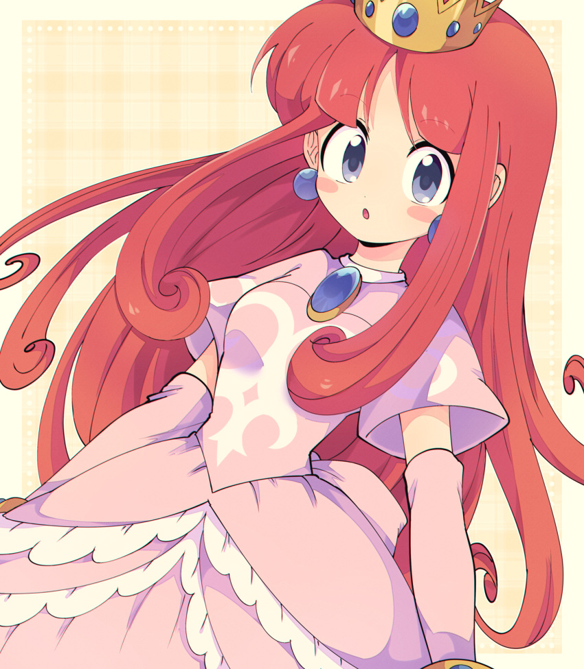 1girl :o blue_brooch blue_eyes blunt_bangs blush_stickers breasts crown curly_hair dress earrings elbow_gloves frilled_dress frills gloves gold_bracelet highres jewelry looking_at_viewer omochiutyu pink_dress pink_gloves princess_shokora redhead short_sleeves simple_background small_breasts sphere_earrings upper_body wario_land wario_land_4