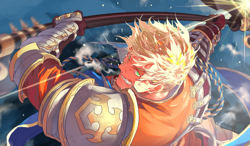 1boy armor axe battle_axe blonde_hair brown_gloves clenched_teeth fighting_stance gloves granblue_fantasy green_hair highres holding holding_axe holding_weapon looking_at_viewer male_focus pauldrons short_hair shoulder_armor single_pauldron sky_kbuc solo sweat sweatdrop teeth vane_(granblue_fantasy) weapon