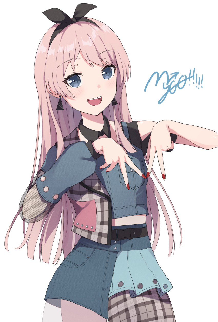 1girl absurdres asymmetrical_sleeves bang_dream! bang_dream!_it's_mygo!!!!! belt black_belt black_hairband blue_eyes blue_jacket blue_skirt blush chihaya_anon commentary copyright_name cowboy_shot cropped_jacket double_v earrings hairband highres jacket jewelry lavirince long_hair long_sleeves looking_at_viewer midriff_peek nail_polish open_mouth pink_hair red_nails simple_background skirt smile solo teeth upper_teeth_only v white_background