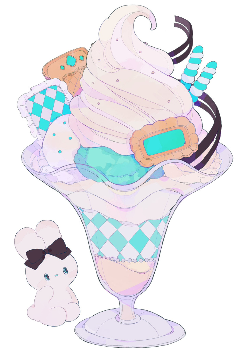 aqua_theme bow cookie cup dessert food food_focus frills glass highres ice_cream original parfait pepparmint310 rabbit simple_background sitting sprinkles sweets wafer_stick whipped_cream white_background