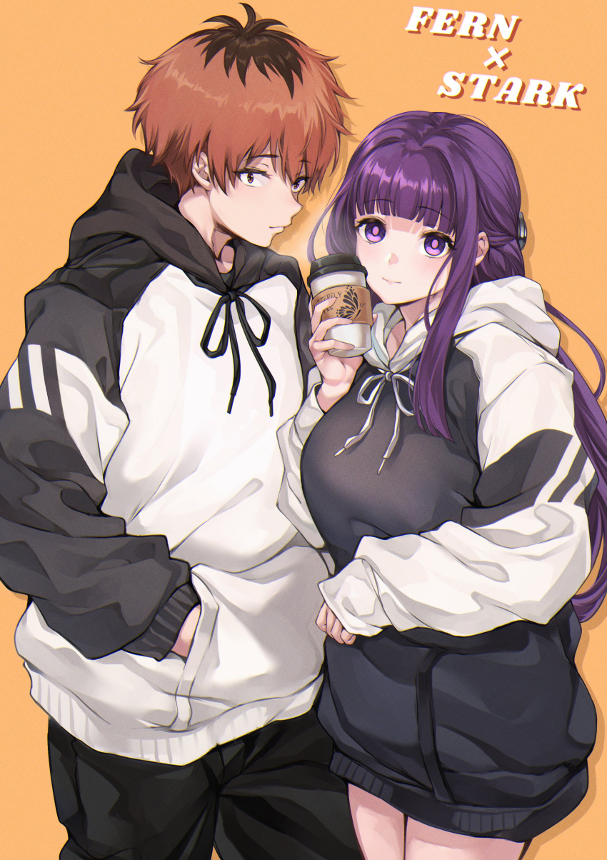 1boy 1girl absurdres alternate_costume black_hoodie character_name commentary_request contemporary cowboy_shot cup disposable_cup fern_(sousou_no_frieren) hand_in_pocket highres holding holding_cup hood hood_down hoodie looking_at_viewer orange_background purple_hair red_eyes redhead shashaki sousou_no_frieren stark_(sousou_no_frieren) thighs violet_eyes white_hoodie