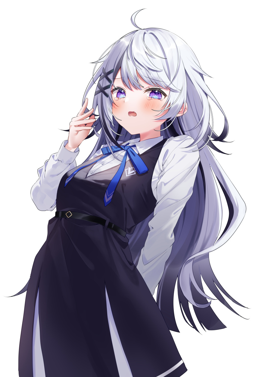 1girl absurdres ahoge apron black_apron blush breasts hair_ornament hand_up highres large_breasts long_hair looking_at_viewer open_mouth pome_charo simple_background solo square_pupils tearing_up uniform variant_set violet_eyes virtual_youtuber white_background white_hair x_hair_ornament yawning