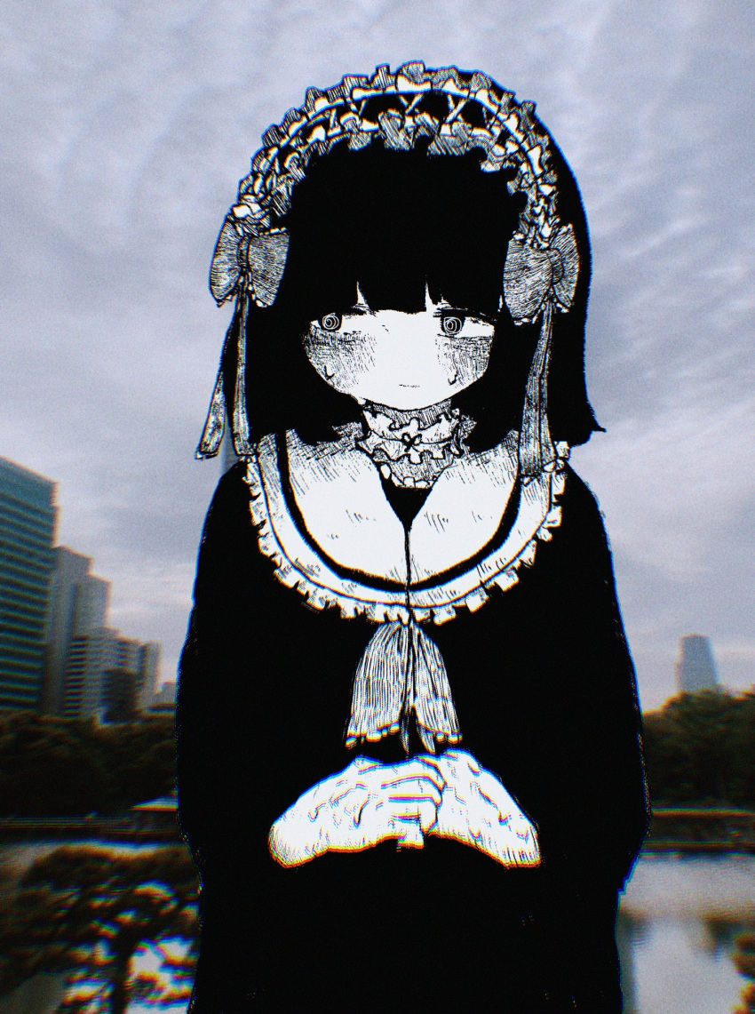 1girl @_@ black_hair black_shirt blunt_bangs blush building choker chromatic_aberration closed_mouth clouds cloudy_sky com_shicom frilled_choker frilled_shirt_collar frills greyscale_with_colored_background hairband highres lolita_hairband looking_to_the_side original outdoors own_hands_together photo_background reflection reflective_water ribbon shirt short_hair sky solo sweat tree water