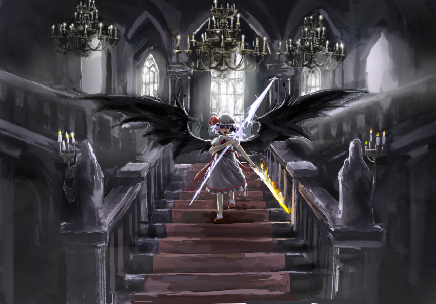 1girl bat_wings candle candlestand chandelier energy fire hat hat_ribbon highres holding holding_polearm holding_sword holding_weapon indoors looking_at_viewer mob_cap open_mouth polearm puffy_short_sleeves puffy_sleeves red_eyes remilia_scarlet ribbon short_hair short_sleeves solo stairs sword touhou violet_eyes weapon window wings zhuxie1264852