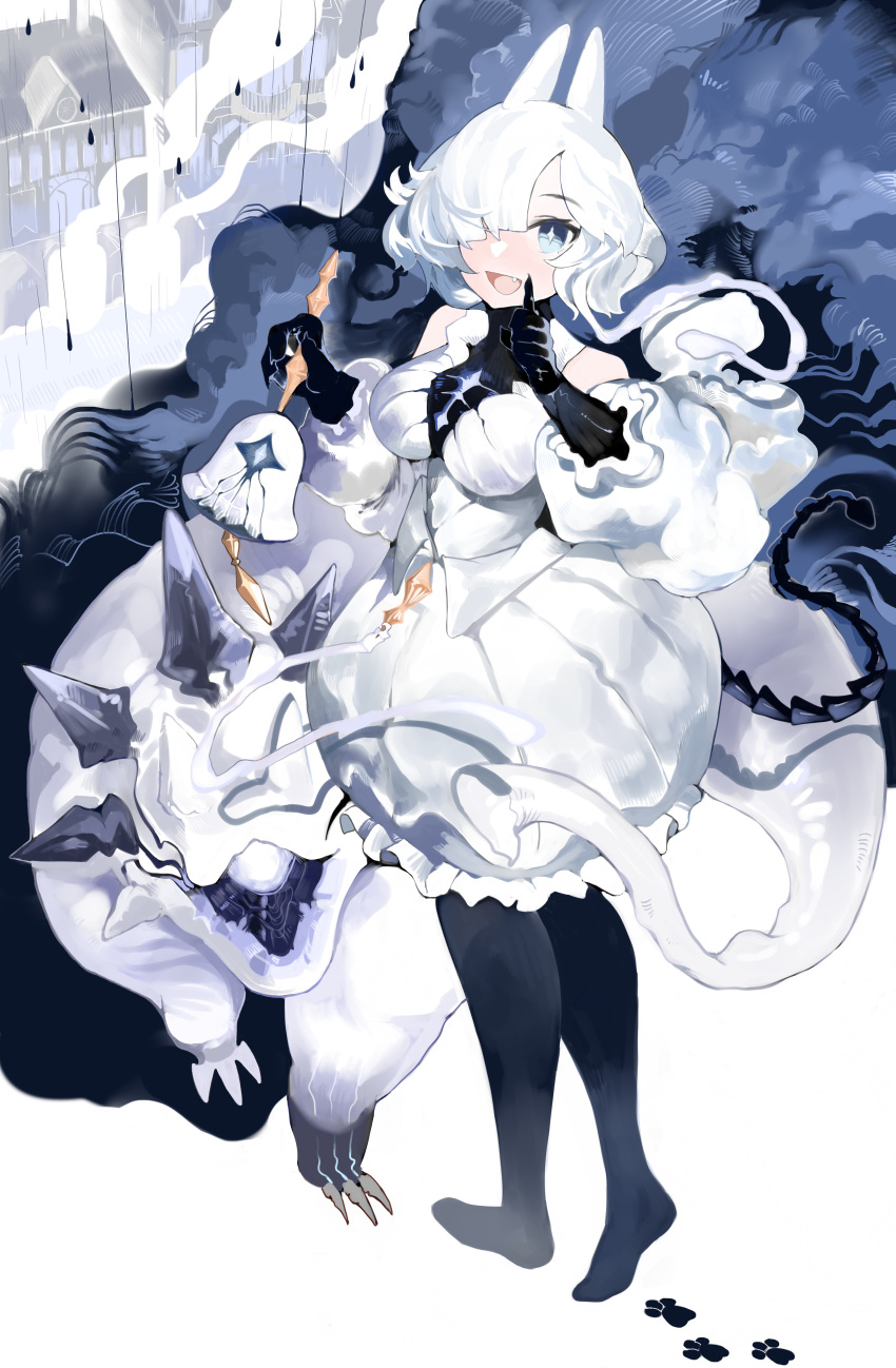 1girl absurdres alchemy_stars bell bethel_(alchemy_stars) black_gloves black_thighhighs blue_eyes breasts creature dress footprints frilled_dress frills gloves hair_over_one_eye highres holding holding_bell horns large_breasts looking_at_viewer mansion menthako puffy_sleeves short_hair sleeveless sleeveless_dress smile snow solo thigh-highs unworn_footwear walking white_dress white_hair white_sleeves