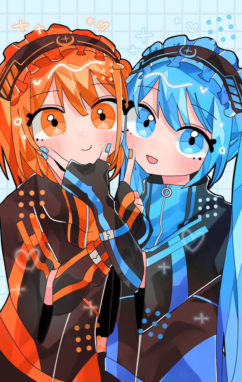 2girls a.i._voice absurdres adachi_rei alternate_costume black_gloves black_jacket blue_eyes blue_hair blue_nails blue_trim blush closed_mouth fingerless_gloves frilled_hairband frills gloves grid_background hairband hand_on_another's_chin hand_up hatsune_miku heart highres jacket kawano_rikopin long_hair looking_at_viewer matching_outfits medium_hair multiple_girls nail_polish open_mouth orange_eyes orange_hair orange_nails orange_trim short-sleeved_jacket short_sleeves smile sparkle twintails upper_body utau vocaloid zipper zipper_pull_tab