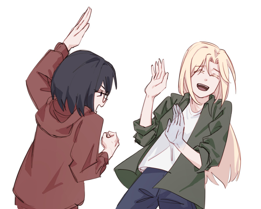 2girls angry black_hair blonde_hair blue_pants clenched_hand commentary egakuning english_commentary green_jacket hand_up hands_up highres hood hooded_jacket jacket kamikoshi_sorawo laughing long_hair long_sleeves looking_at_another multiple_girls nishina_toriko open_clothes open_jacket open_mouth pants red_jacket shirt short_hair smile standing transparent_hand urasekai_picnic white_shirt