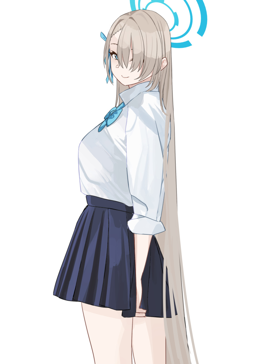 1girl absurdres asuna_(blue_archive) blue_archive blue_bow blue_bowtie blue_eyes blue_halo blue_ribbon blue_skirt bow bowtie commentary grey_hair hair_between_eyes hair_over_one_eye hair_ribbon halo highres long_hair looking_at_viewer pleated_skirt ribbon school_uniform shirt shirt_tucked_in simple_background skirt sleeves_past_elbows solo tnr_(horiko1525) very_long_hair white_background white_shirt