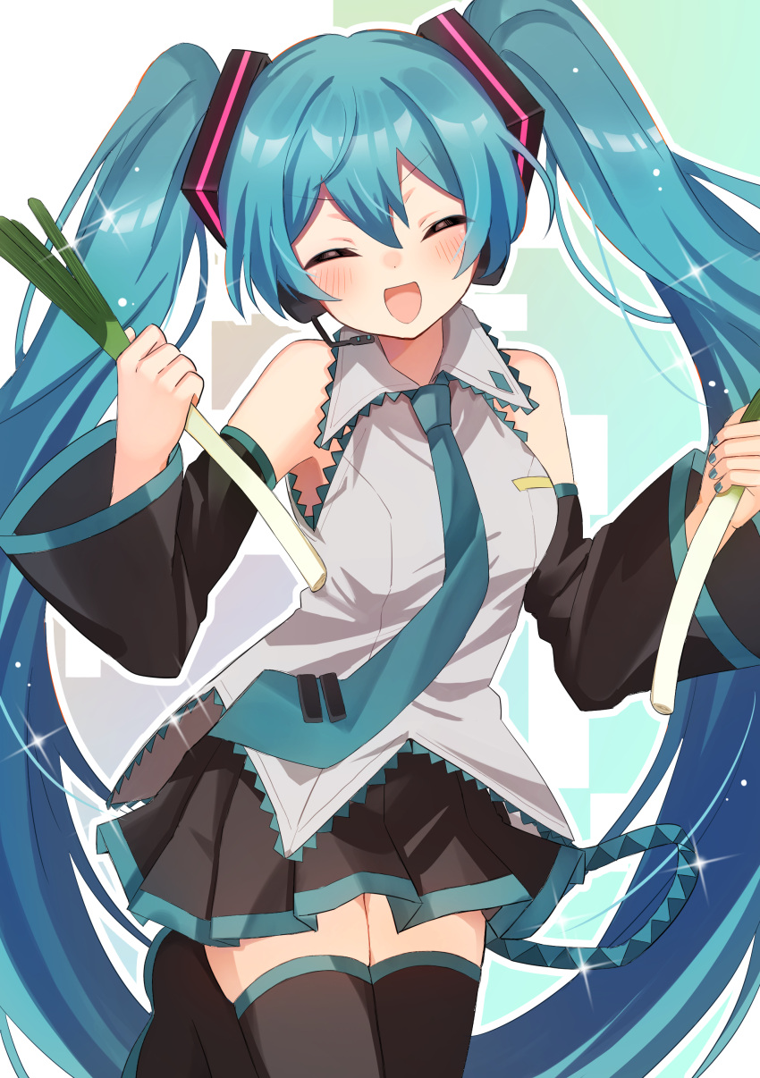 1girl :d ^_^ absurdres aqua_hair aqua_nails black_skirt black_sleeves blush boots closed_eyes detached_sleeves food grey_shirt hatsune_miku headset highres holding holding_food long_hair meruko-san multicolored_background necktie shirt skirt smile solo spring_onion twintails vocaloid