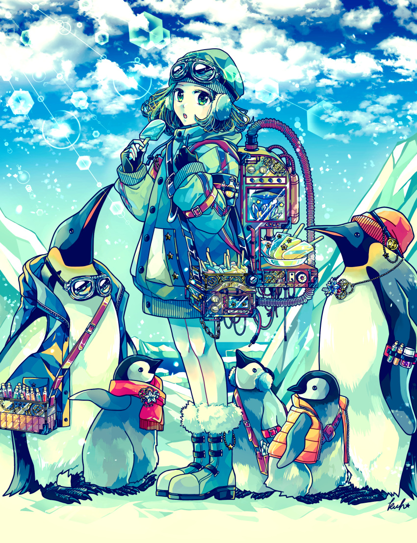 1girl absurdres backpack bag beanie bird blue_sky boots clouds coat commentary_request crystal day earmuffs fingerless_gloves food full_body fur-trimmed_boots fur_trim gears glacier gloves goggles goggles_on_head green_eyes hat highres holding holding_food holding_popsicle ice iceberg jacket kuh_tapiru lens_flare long_sleeves looking_at_viewer machine machinery medium_hair ocean original outdoors parted_lips penguin popsicle signature sky solo standing test_tube water