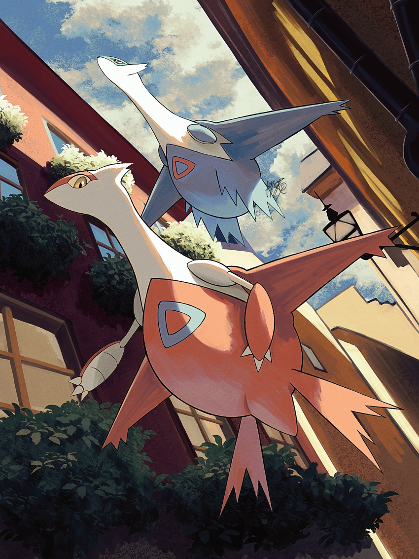 building claws clouds commentary_request day from_below highres kuchiba_(jret2454) latias latios no_humans outdoors pokemon pokemon_(creature) sky window yellow_eyes