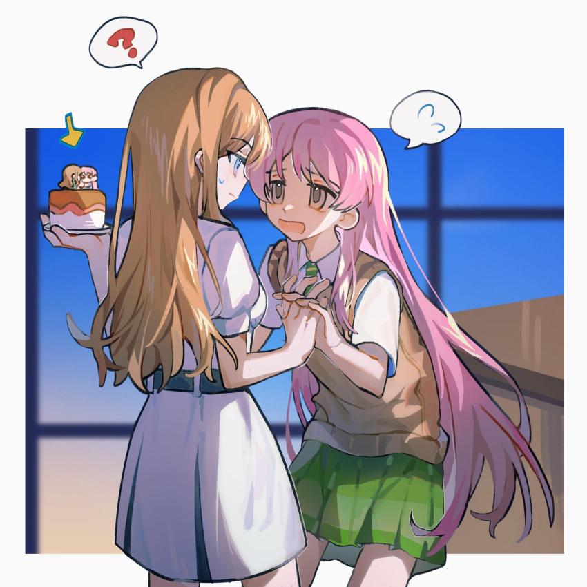 2girls ? bang_dream! bang_dream!_it's_mygo!!!!! blue_eyes brown_hair brown_sweater_vest cake chihaya_anon chinese_commentary closed_mouth collared_shirt commentary_request cowboy_shot day dress eye_contact food green_skirt grey_eyes highres holding holding_hands holding_plate interlocked_fingers long_hair looking_at_another mnyfn7 multiple_girls nagasaki_soyo plaid plaid_skirt plate pleated_skirt school_uniform shirt short_sleeves skirt spoken_question_mark spoken_sweatdrop sweatdrop sweater_vest tsukinomori_school_uniform white_dress white_shirt window yuri