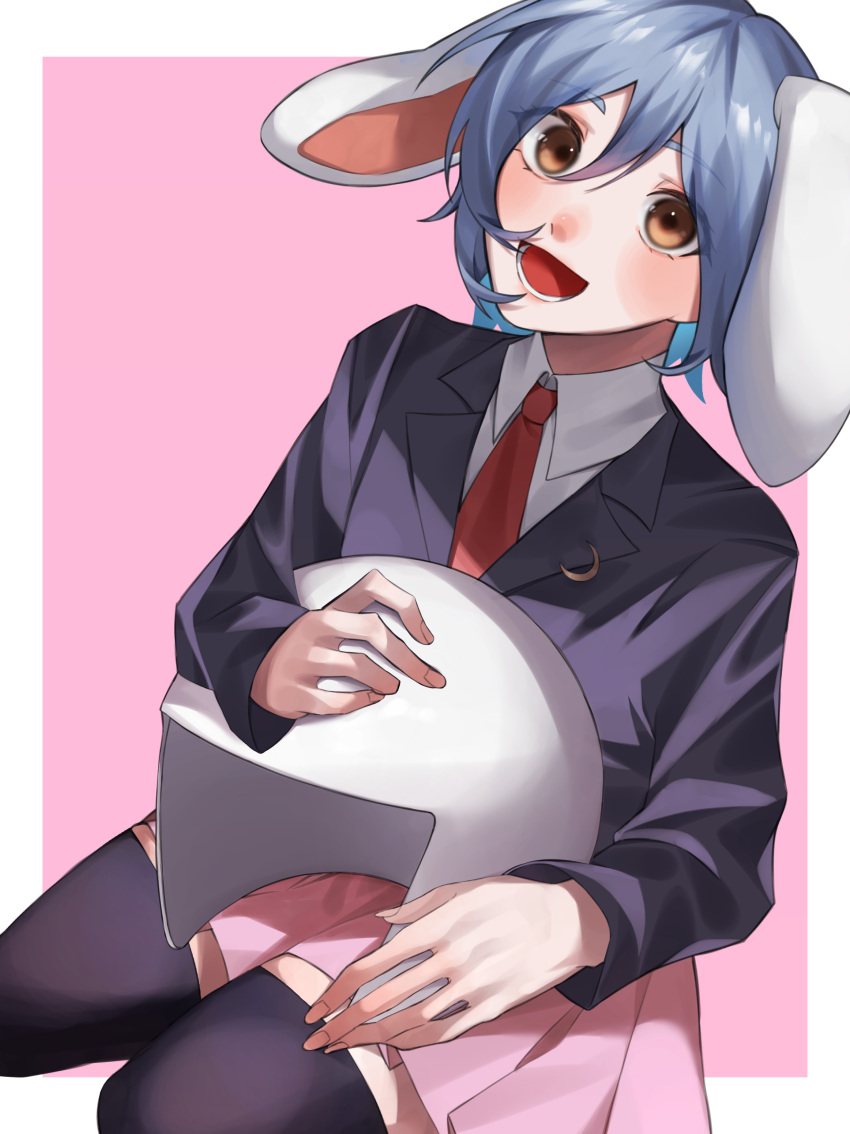 1girl :d absurdres animal_ears black_jacket black_thighhighs blazer blue_hair blush breasts brown_eyes collared_shirt commentary_request crescent crescent_pin dutch_angle fingernails full_body hair_between_eyes helmet highres holding holding_helmet jacket long_bangs long_sleeves looking_at_viewer lower_teeth_only nasu1225 necktie open_mouth pink_background pink_skirt pleated_skirt rabbit_ears rabbit_girl red_necktie reisen_(touhou_bougetsushou) seiza shirt short_hair simple_background sitting skirt small_breasts smile solo teeth thigh-highs touhou two-tone_background white_background white_shirt