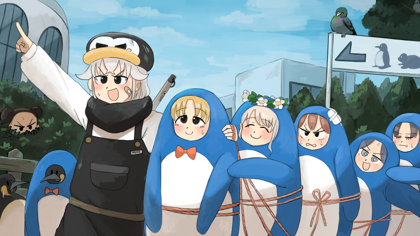 6+girls :d absurdres animal_costume bandaid bandaid_on_cheek bandaid_on_face bird black_hair black_overalls black_scarf blonde_hair bow bowtie bush capybara_keeper_(diva) diva_(hyxpk) double_bun doughnut_stamp duck english_commentary flower_wreath girl_with_fangs_(diva) grey_hair hair_bun hat head_wreath highres king_penguin lion_shirt_girl_(diva) multiple_girls overalls penguin penguin_costume penguin_fan_(diva) penguin_hat penguin_keeper_(diva) pigeon pointing red_bow red_bowtie redhead rope scarf shirt short_hair smile survey_girl_(diva) tree white_shirt zoo zookeeper zookeepers_(diva)