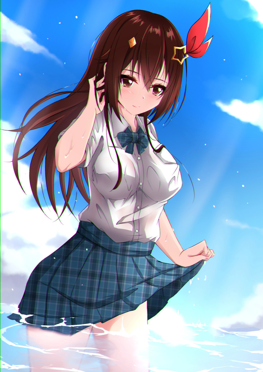 1girl aogami_high_school_uniform blue_bow blue_bowtie blue_sky blush bow bowtie breasts brown_hair clothes_lift clouds day detached_hair diamond_hair_ornament hair_between_eyes hair_ornament hairclip highres hololive hololive_error long_hair looking_at_viewer moezi ocean outdoors plaid plaid_bow plaid_bowtie plaid_skirt pleated_skirt school_uniform shirt skirt skirt_lift sky solo star_(symbol) star_hair_ornament thighs tokino_sora virtual_youtuber water wet wet_clothes white_shirt