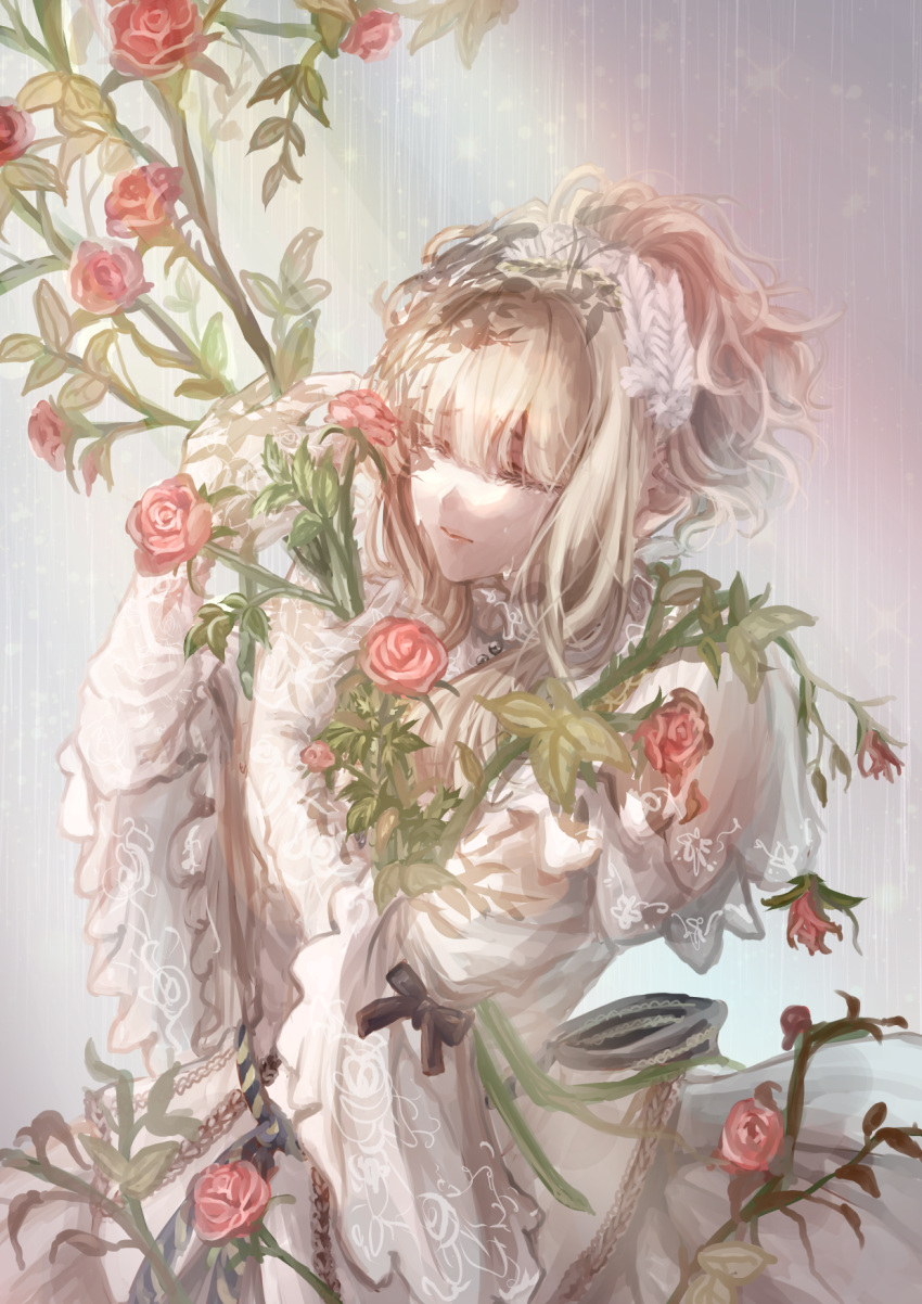 1girl back_bow bell_sleeves black_bow blonde_hair blunt_bangs bow capelet closed_eyes closed_mouth cowboy_shot crying dress elbow_gloves elisabeth_von_wettin feather_hair_ornament feathers flower gloves gown hair_ornament high_ponytail highres holding holding_flower hugging_object ido_e_itaru_mori_e_itaru_ido leaf maerchen_(album) plant rain rainbow red_flower red_rose rose sakadume_107 short_ponytail sidelocks sleeve_bow solo sound_horizon tears vines wavy_hair white_capelet white_dress white_gloves