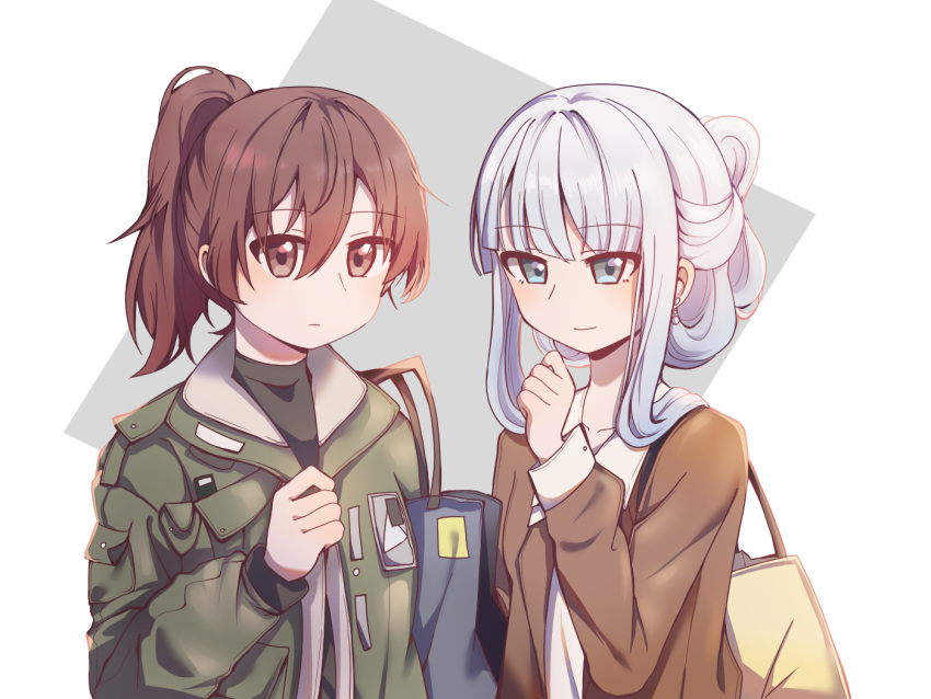 2girls alternate_costume alternate_hairstyle bag bai_yuxiu blue_eyes blue_hair blunt_bangs brown_eyes brown_hair brown_jacket closed_mouth coat contemporary feng_ling'er fengling_yuxiu green_jacket grey_hair hair_between_eyes jacket long_hair long_sleeves mrhermit multiple_girls open_clothes ponytail shirt shoulder_bag smile two-tone_background upper_body white_shirt
