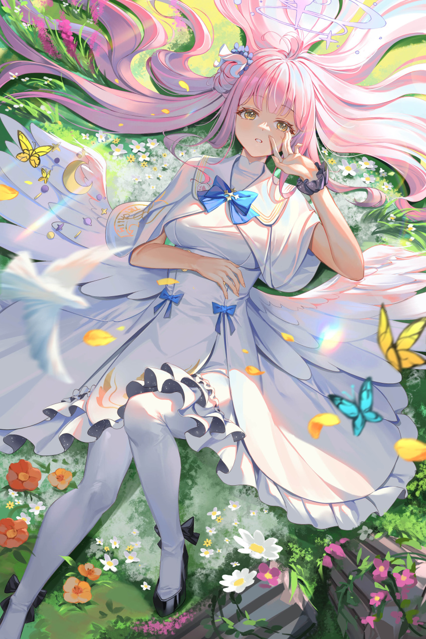 1girl absurdres al_guang angel_wings black_scrunchie blue_archive bug butterfly capelet feathered_wings flower hair_bun hair_spread_out halo hand_on_own_stomach highres knee_up long_hair low_wings lying mika_(blue_archive) on_back pantyhose petals pink_hair pink_halo scrunchie single_side_bun white_capelet white_pantyhose white_wings wing_ornament wings wrist_scrunchie