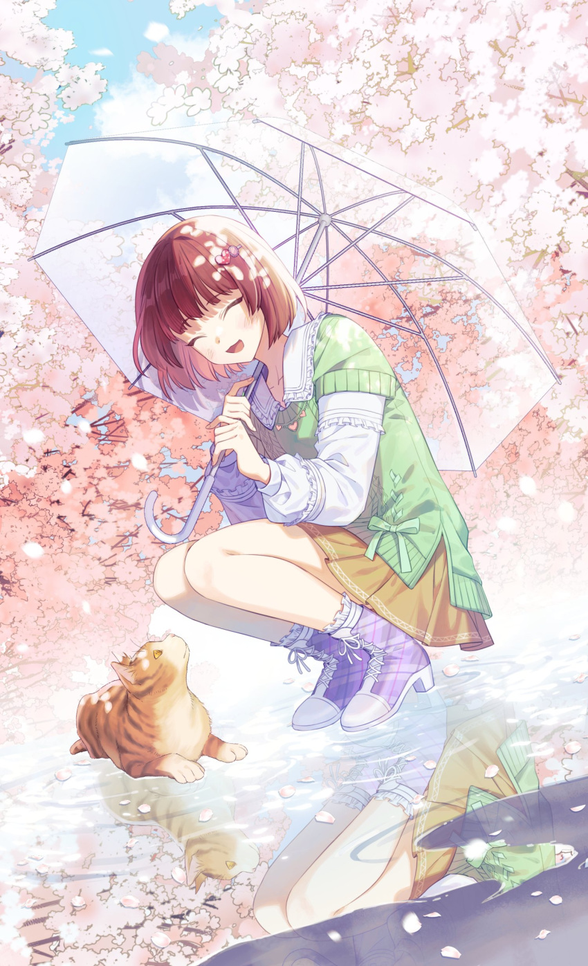 ^_^ absurdres blush chapuding cherry_blossoms closed_eyes commentary_request falling_petals frilled_sailor_collar frills highres holding holding_umbrella idolmaster idolmaster_million_live! long_sleeves nonohara_akane petals purple_footwear redhead reflection reflective_water sailor_collar short_hair skirt smile squatting tabby_cat transparent transparent_umbrella umbrella yellow_skirt