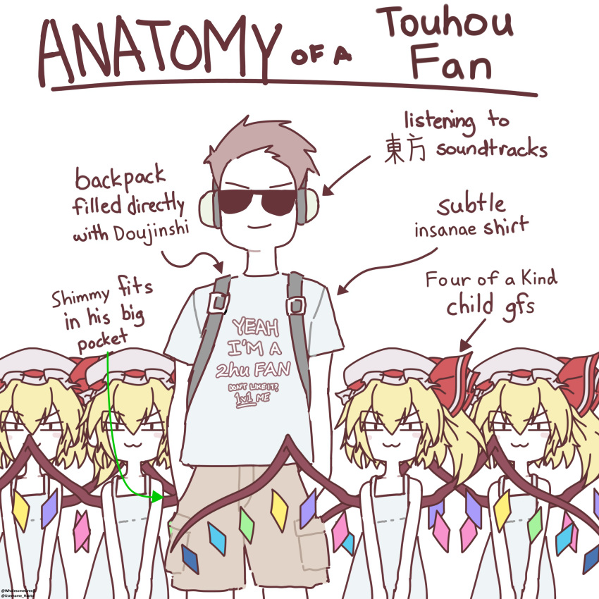 1boy 4girls absurdres arrow_(symbol) blush_stickers brown_hair brown_shorts child closed_mouth clothes_writing english_text flandre_scarlet four_of_a_kind_(touhou) glasses grey_shirt hands_in_pockets harem headphones height_difference highres looking_at_viewer meme multiple_girls opaque_glasses print_shirt shirt short_hair short_sleeves shorts side-by-side simple_background standing straight-on sunglasses t-shirt touhou username_haoto white_background