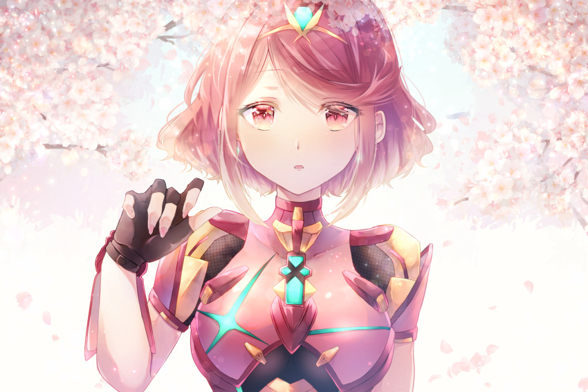 amanoru_mozuku breasts cherry_blossoms core_crystal_(xenoblade) drop_earrings earrings fingerless_gloves gloves highres impossible_clothes jewelry large_breasts looking_at_viewer parted_lips pyra_(xenoblade) red_eyes redhead short_hair swept_bangs tiara upper_body xenoblade_chronicles_(series) xenoblade_chronicles_2