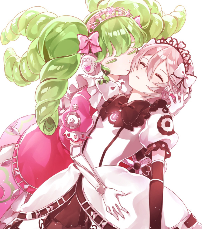 2girls ao_(ao0_0nemu) bad_id bad_pixiv_id black_gloves bow breasts carrying carrying_person closed_eyes closed_mouth colored_eyelashes curly_sidelocks dress elbow_gloves expressionless facing_another falulu gloves green_hair grey_hair hair_between_eyes hand_on_another's_head headphones highres idol_clothes leaning_back long_hair multiple_girls pink_bow pink_dress power_symbol pretty_series pripara puffy_short_sleeves puffy_sleeves shikyoin_hibiki short_hair short_sleeves sidelocks simple_background small_breasts standing tiara twintails unconscious white_background white_bow white_dress white_gloves winding_key