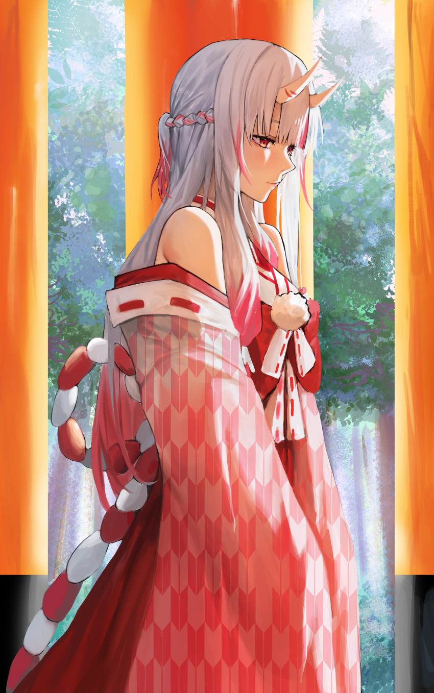 1girl absurdres bare_shoulders blush braid center-flap_bangs colored_tips commentary_request grey_hair hair_between_horns hakama hakama_skirt half_updo highres hololive horns japanese_clothes kaze_22 kimono korean_commentary long_hair looking_ahead multicolored_hair multiple_torii nakiri_ayame nakiri_ayame_(shrine_maiden) nontraditional_miko official_alternate_costume oni outdoors pink_kimono print_kimono red_eyes red_hakama red_skirt redhead short_ponytail skin-covered_horns skirt sleeves_past_fingers sleeves_past_wrists solo streaked_hair torii virtual_youtuber wide_sleeves yagasuri