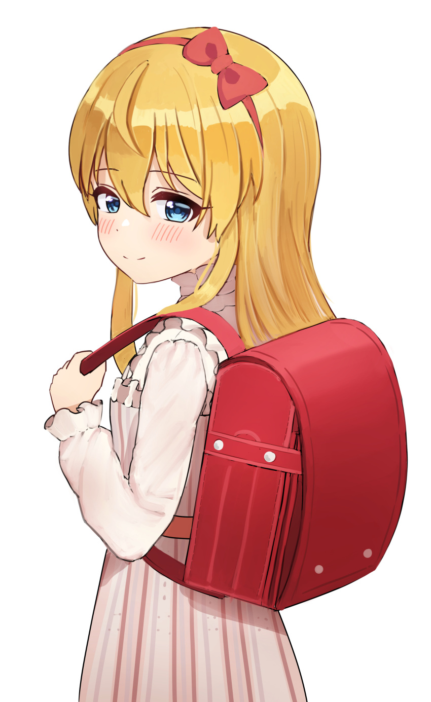1girl absurdres backpack bag blonde_hair blue_eyes blush bow_hairband dress floris_(saber13) hairband highres idolmaster idolmaster_million_live! looking_at_viewer looking_to_the_side randoseru red_bag red_hairband shinomiya_karen simple_background smile solo striped_clothes striped_dress vertical-striped_clothes vertical-striped_dress white_background