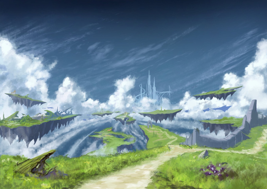 clouds concept_art day floating_island granblue_fantasy highres landscape no_humans outdoors road ruins scenery sky soraciel