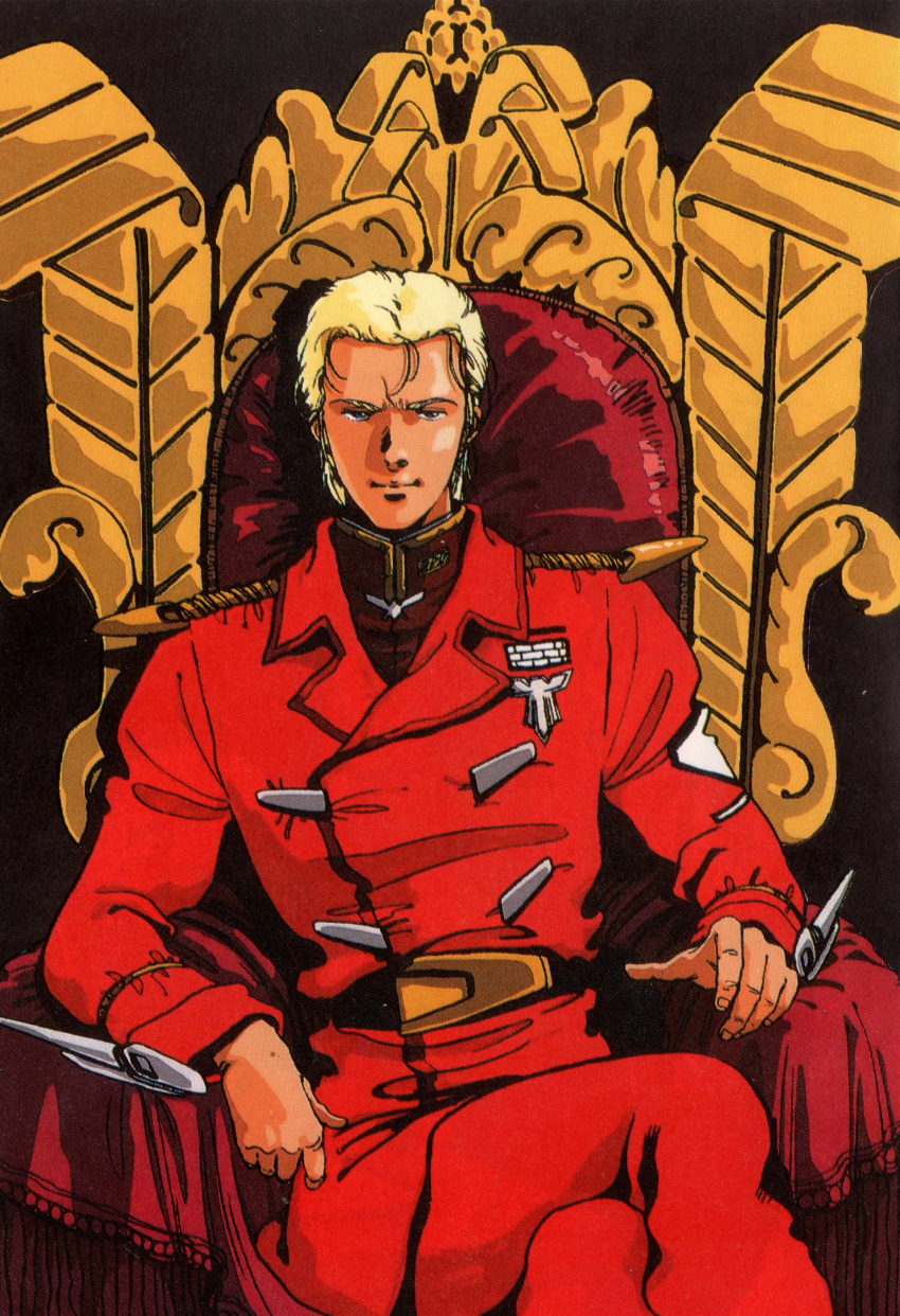 1990s_(style) 1boy absurdres bad_end belt blonde_hair char's_counterattack char_aznable english_commentary gundam highres insignia looking_at_viewer medal mikimoto_haruhiko military military_uniform mullet neo_zeon retro_artstyle scan science_fiction throne traditional_media uniform
