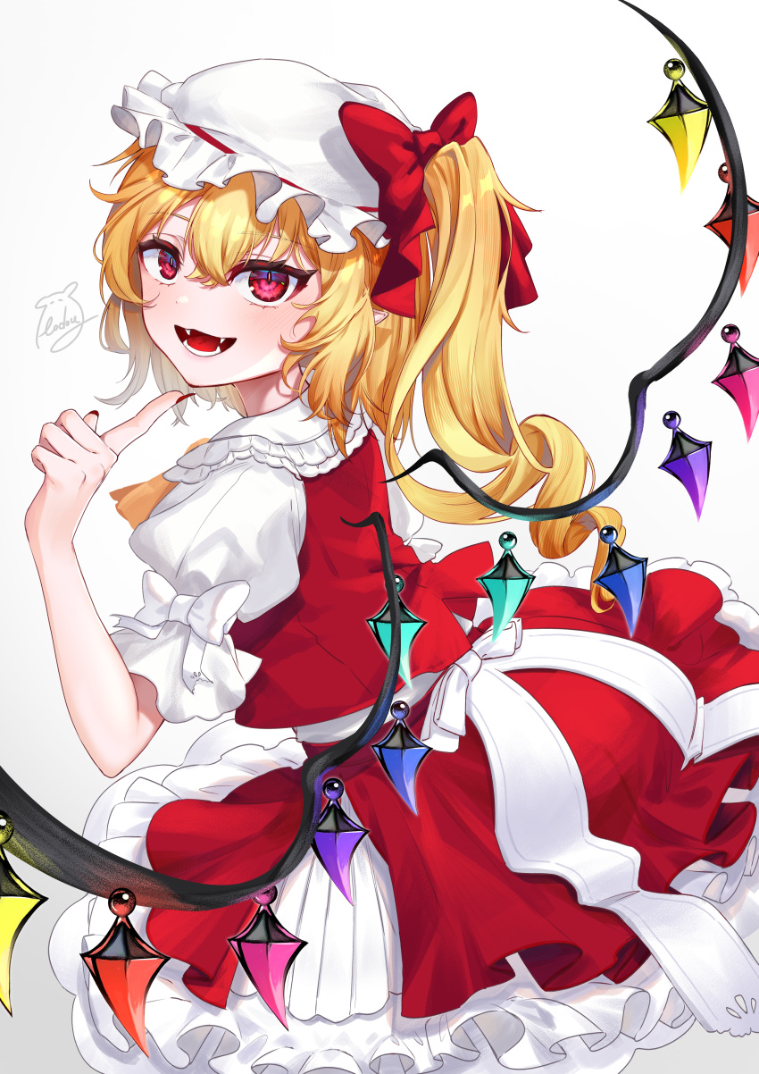 1girl absurdres adapted_costume ascot back_bow blonde_hair blush bow commentary_request cowboy_shot crossed_bangs crystal eyelashes fangs flandre_scarlet frilled_shirt_collar frilled_skirt frills from_side hair_between_eyes hair_bow hair_ribbon hand_up happy hat highres index_finger_raised kodouirasto long_hair looking_at_viewer mob_cap nail_polish petticoat pointy_ears puffy_short_sleeves puffy_sleeves red_bow red_eyes red_nails red_ribbon red_skirt red_vest ribbon shirt short_sleeves side_ponytail signature simple_background skirt sleeve_bow slit_pupils solo teeth tongue touhou tsurime vest wavy_hair white_background white_bow white_hat white_shirt wings yellow_ascot