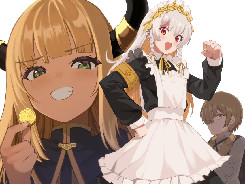 1boy 2girls :d armband aroha_j black_horns black_shirt blonde_hair braid brown_hair clenched_hand coin colored_inner_hair green_eyes hair_over_one_eye hand_on_own_hip highres holding holding_coin horns long_hair maid multicolored_hair multiple_girls pixiv_fantasia pixiv_fantasia_scepter_of_zeraldia red_eyes shirt smile twin_braids very_long_hair white_background white_hair white_shirt yellow_eyes