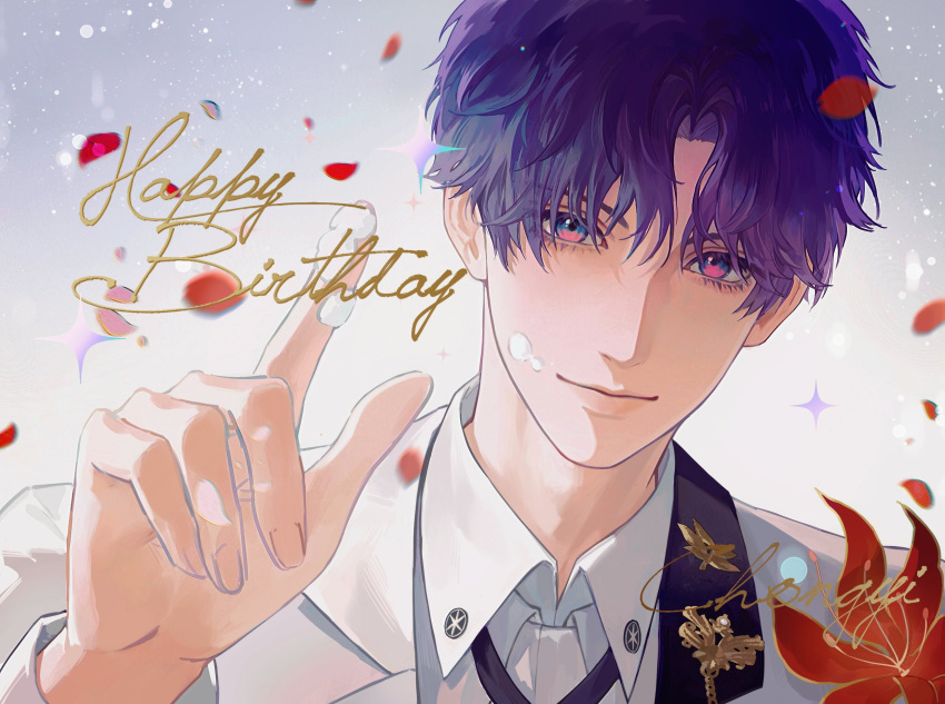 1boy black_necktie chongyi2111 closed_mouth collared_jacket collared_shirt cream cream_on_face cream_on_hands eyelashes falling_petals fingernails flower food food_on_face hand_up happy_birthday head_tilt highres jacket light_blush light_smile looking_at_viewer love_and_deepspace male_focus multicolored_eyes necktie parted_bangs petals portrait purple_hair rafayel_(love_and_deepspace) red_flower shirt short_hair simple_background solo suit violet_eyes white_jacket white_shirt white_suit