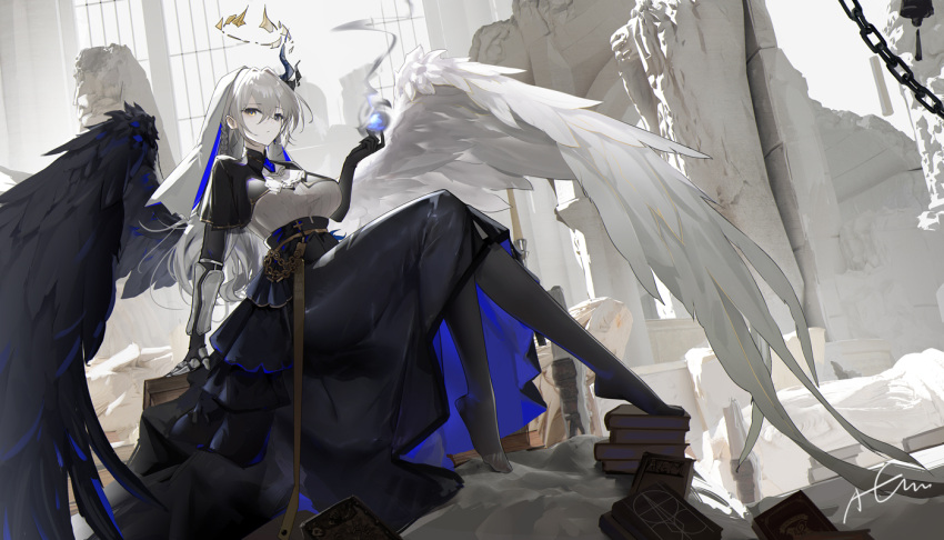 1girl angel_wings armor artist_name black_pantyhose black_wings blue_horns book braid breasts broken_halo chain cross dress gloves hair_intakes halo high_collar horns large_breasts long_sleeves no_shoes omone_hokoma_agm original pantyhose ruins signature single_horn sitting thighs two-tone_dress white_hair white_wings wings