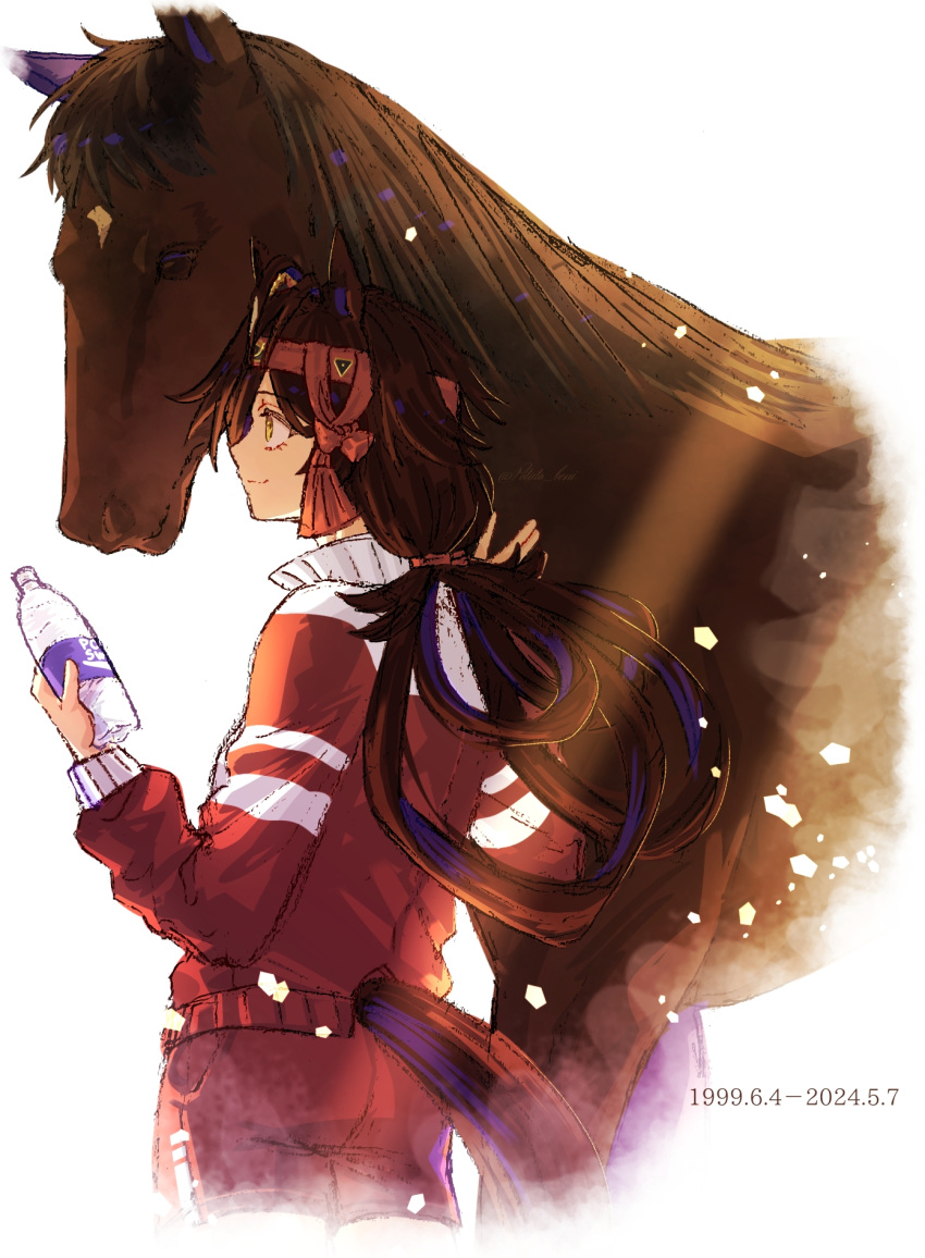 1girl ahoge alternate_costume animal_ears ass bottle brown_hair closed_mouth creature_and_personification dated headband highres horse horse_ears horse_tail jacket jagaimobeniko lens_flare low_twintails no_reason_(umamusume) shorts smile tail track_jacket twintails water_bottle white_background yellow_eyes
