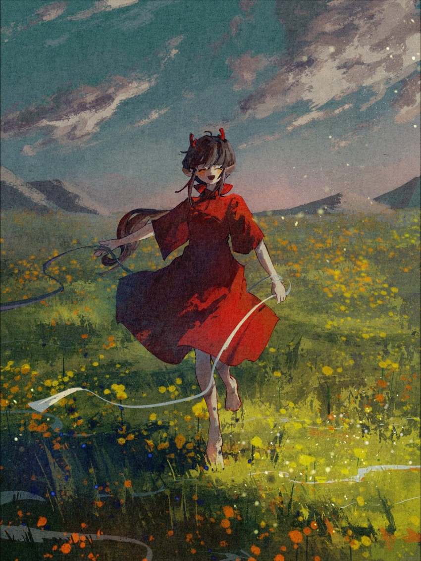 1girl ^_^ barefoot brown_hair closed_eyes clouds dress facing_viewer floating_hair flower full_body ge_dazuo highres holding holding_ribbon horns long_hair meadow mountainous_horizon open_mouth original outdoors pointy_ears red_dress red_horns ribbon short_sleeves smile solo standing twilight white_ribbon yellow_flower