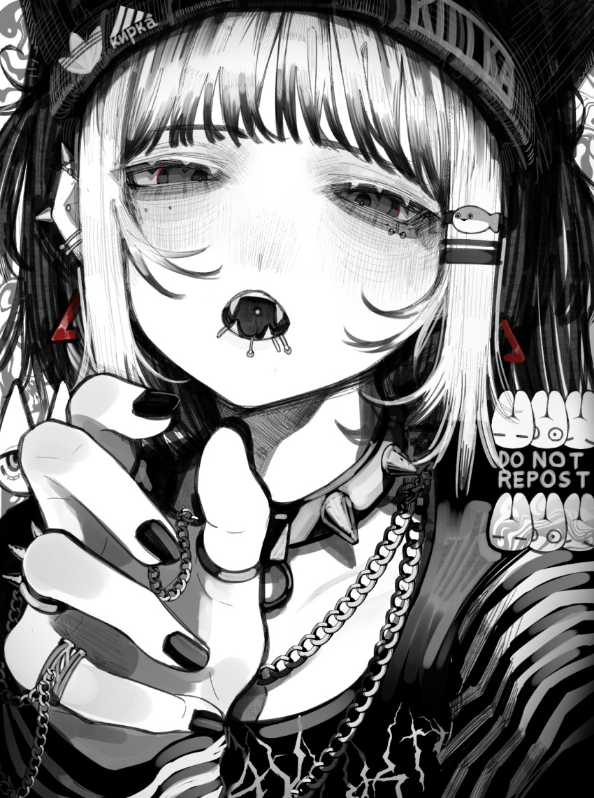 1girl blunt_bangs collar ear_piercing earrings fangs greyscale hair_ornament hairclip hat highres jewelry lip_piercing long_sleeves looking_at_viewer mole mole_under_eye monochrome nail_polish necktie open_mouth original piercing ring sacabambaspis sirayukisiu solo spiked_collar spikes spot_color tongue_piercing upper_body