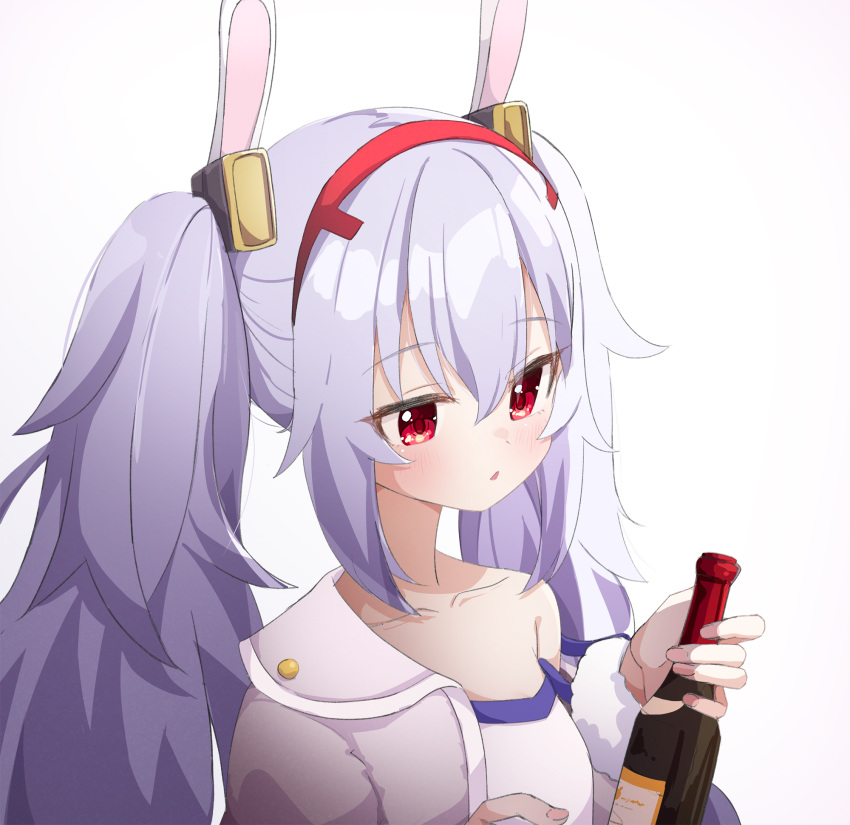 1girl ame. animal_ears azur_lane bare_shoulders blush bottle camisole collarbone commentary_request fake_animal_ears fur-trimmed_sleeves fur_trim grey_background grey_hair hairband highres holding holding_bottle jacket laffey_(azur_lane) long_hair long_sleeves off_shoulder open_clothes open_jacket parted_lips pink_jacket pink_nails rabbit_ears red_eyes red_hairband simple_background solo strap_slip twintails upper_body white_camisole