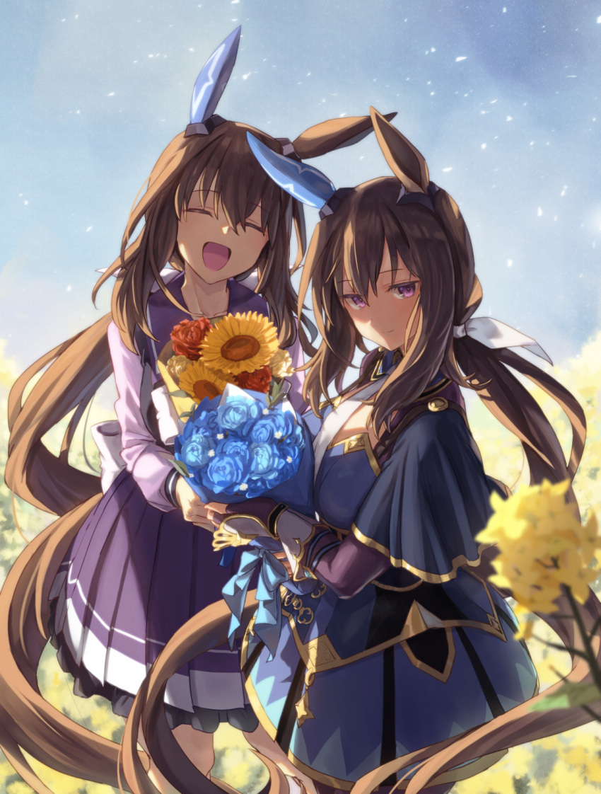 2girls admire_vega's_twin_sister_(umamusume) admire_vega_(umamusume) animal_ears blue_flower blue_skirt blue_sky blush bouquet bow breasts brown_hair closed_eyes ear_covers flower hair_between_eyes highres horse_ears horse_girl horse_tail long_hair long_sleeves looking_at_viewer low_ponytail multiple_girls open_mouth ponytail purple_shirt red_flower rose sailor_collar school_uniform shirt siblings single_ear_cover skirt sky smile starheart sunflower tail tracen_school_uniform umamusume violet_eyes yellow_flower