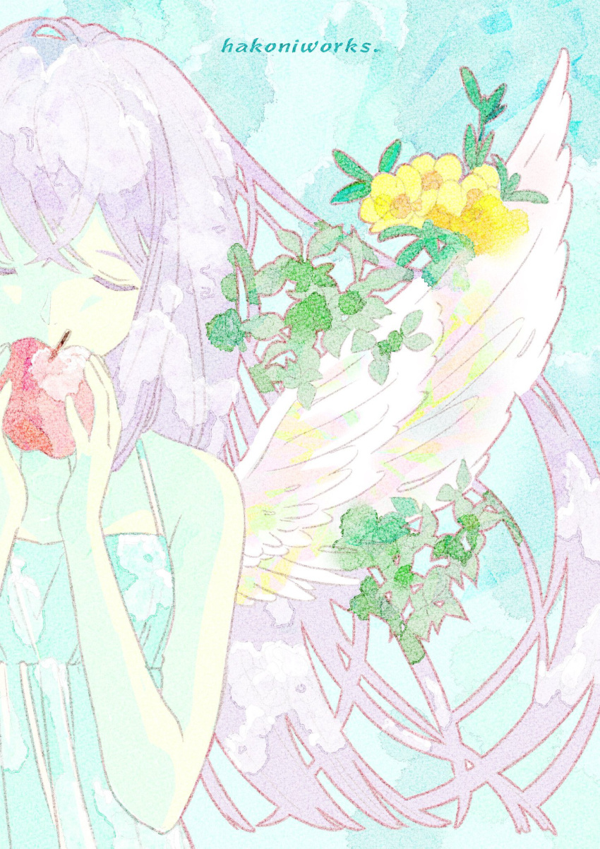 1girl angel_wings apple aqua_background bare_shoulders closed_eyes colored_eyelashes feathered_wings feathers flower food fruit highres holding holding_food holding_fruit kazamati_soyoka leaf original pastel_colors purple_hair shirt signature solo spaghetti_strap split_crop tank_top white_feathers white_shirt white_wings wings yellow_flower