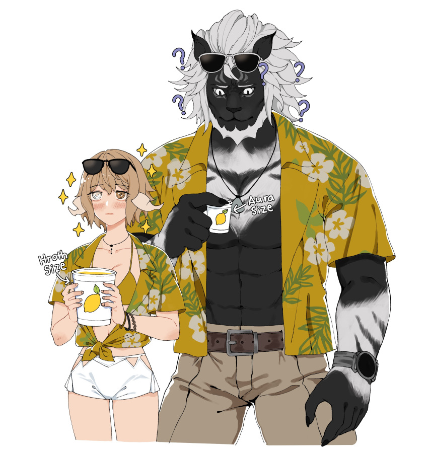 1boy 1girl ? abs absurdres au_ra belt bikini black_fur black_nails blush bracelet brown_eyes brown_pants closed_mouth cropped_legs cup dragon_horns final_fantasy final_fantasy_xiv grey_eyes hawaiian_shirt heterochromia highres holding holding_cup horns hrothgar jewelry juice lemonade looking_ahead looking_at_object mane naki_nyaki necklace pants shirt short_shorts shorts simple_background sparkle swimsuit toned toned_male two-tone_fur warrior_of_light_(ff14) watch watch white_background white_fur white_shorts yellow_bikini