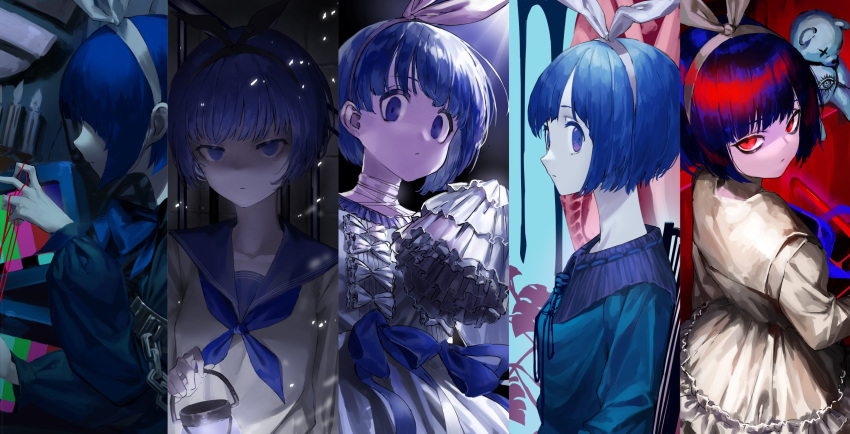 1girl black_bow black_eyeshadow black_hairband blue_bow blue_bowtie blue_dress blue_eyes blue_hair blue_neckerchief blue_ribbon blue_sailor_collar bow bowtie closed_mouth crt dress expressionless eyeshadow frilled_dress frills hair_bow hairband hashtag_only_commentary highres holding holding_lantern indie_utaite lantern looking_at_viewer looking_to_the_side makeup mizuame_(pixiv70466540) multiple_views neckerchief red_eyes ribbon sailor_collar school_uniform serafuku shaded_face short_hair sleeves_past_fingers sleeves_past_wrists solo string string_of_fate stuffed_animal stuffed_toy teddy_bear television unnamed_girl_(x0o0x) utaite very_long_sleeves white_bow white_dress white_hairband white_serafuku